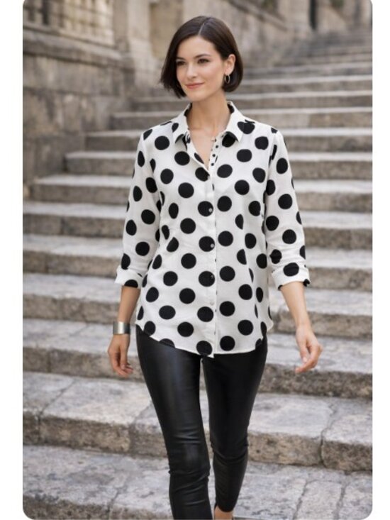 Chico's Tops - Chico's Black & White Polka Dot Cotton Swiss Dot Button Front Blouse Sz 1